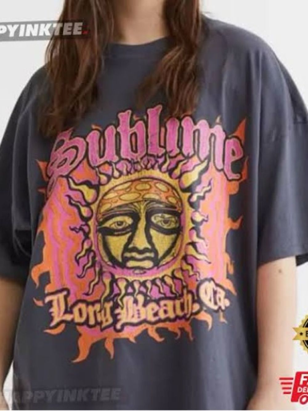 H&M Dark Gray Sublime Oversized Graphic Tee with Pink & Orange Sun Design medium